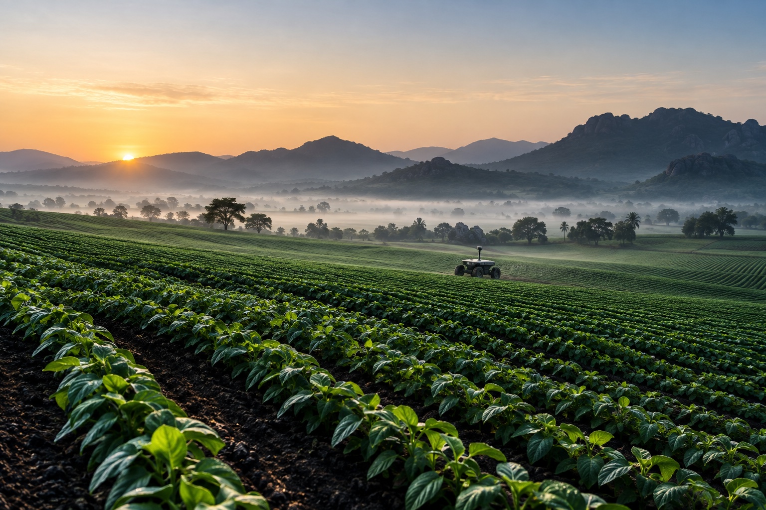 Concept illustration of intelligent agricultural systems among cultivated fields